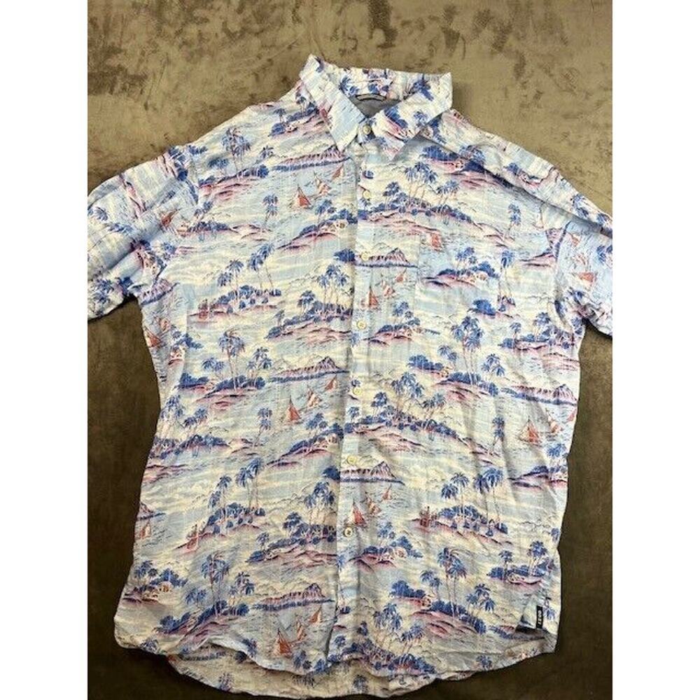 Mens Izod Saltwater Hawaiian Shirt Sz XL Blues Island Palm‎ Tree Button